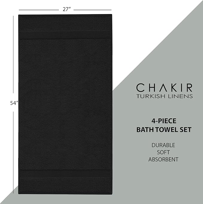 Chakir Turkish Linens | Hotel & Spa Quality 100% Cotton Premium Turkish Towels | Soft & Absorbent (4-Piece Bath Towels, Black)