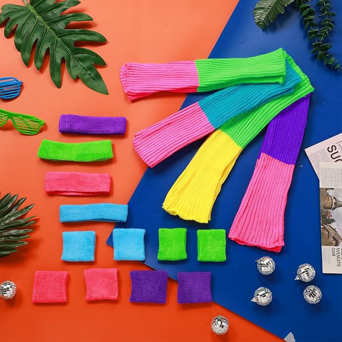 Haysandy 4 Sets 80s 90s Leg Warmers Set for Women Costume Neon Headband Rainbow Wristbands for Sport Yoga Workout Clothes