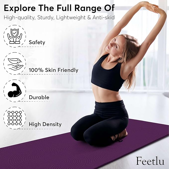 Extra Thick 12mm Exercise Mat – Non-Slip, Joint-Friendly & Cushioned Fitness Mat for Yoga, Pilates & Floor Workouts – Durable, Supportive & Includes Feetlu Classic Strap