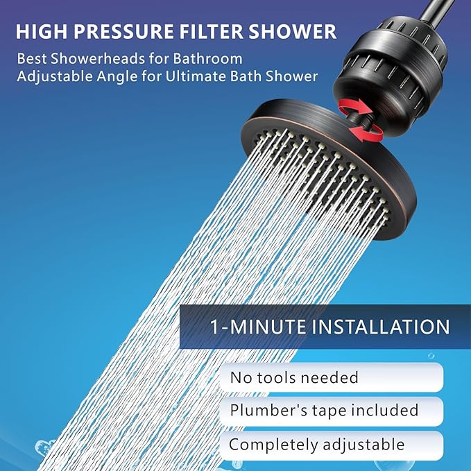 High Pressure Filtered Shower Head Set, 6’’ Rain Shower Filter for Hard Water, Universal Round Showerhead 20 Stage Filtration Removes Impurities for Rejuvenated Skin by Eolax, Oil-Rubbed Bronze
