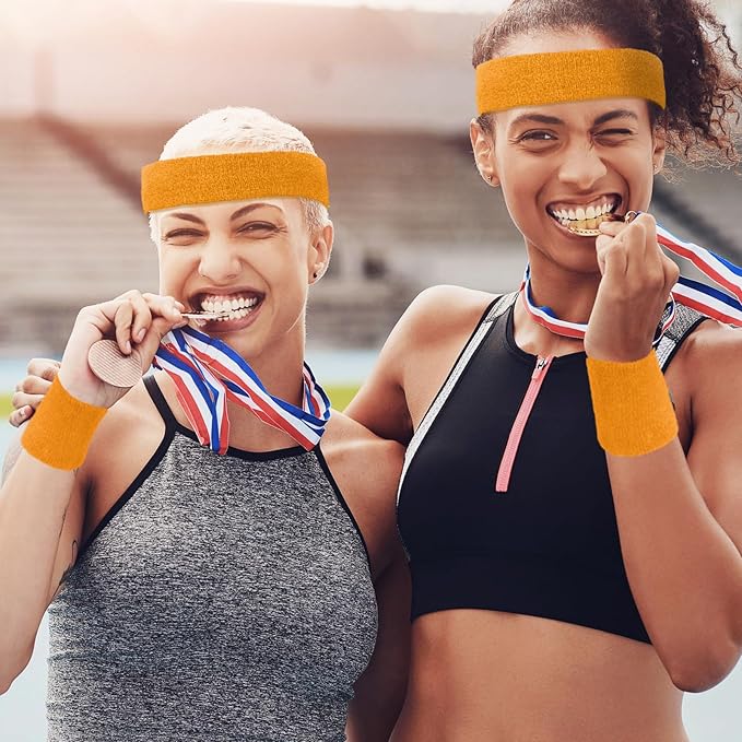 Civaner 12 Pcs 80s 90s Sweatbands Neon Headbands Wristbands for Men Women Party Sports Cotton Headbands Terry Cloth Athletic Sweat Bands for Tennis Football Gym Workingout Accessories