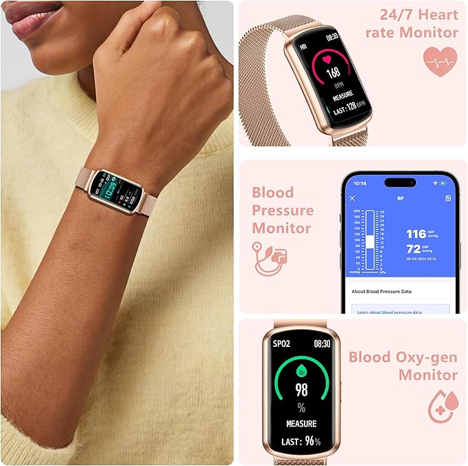 Health Fitness Tracker, Smart Watch with 24/7 Heart Rate and Blood Pressure Monitor, Activity Tracker with Blood Oxygen, 120 Sport Mode Waterproof Sleep Tracker for Women Men (Pink Gold)