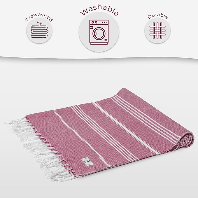 Turkish Beach Towel Soft & Drying Oversized (39" x 71") - Quick Dry, Versatile and Functional as Picnic, Travel and Beach Blanket, Yoga, Gym, Pool and Cruise Towels - Pink