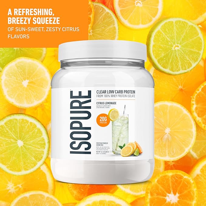 Isopure Clear Whey Isolate Protein Powder, Lactose Free, Gluten Free, Naturally Flavored, Citrus Lemonade, 20g Protein Per Serving, 14.1 Oz, 16 Servings (Packaging May Vary)
