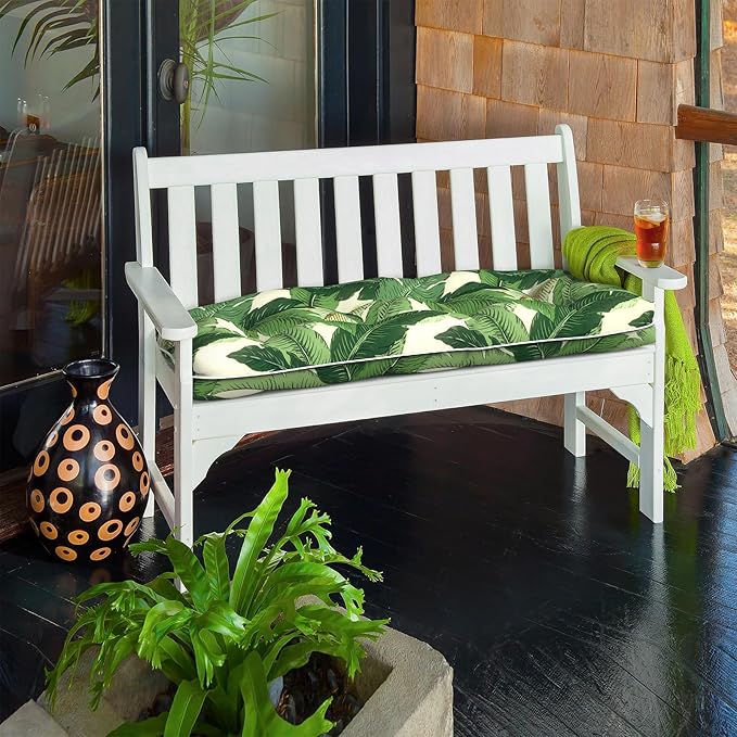 Tufted Bench Cushion for Outdoor Furniture, Patio Swing Cushion 44 x 19 x 5 Inch, Overstuffed Outdoor Chair Cushion for Garden Loveseat Lounge Storage, 1 Pack, Swaying Palms Green