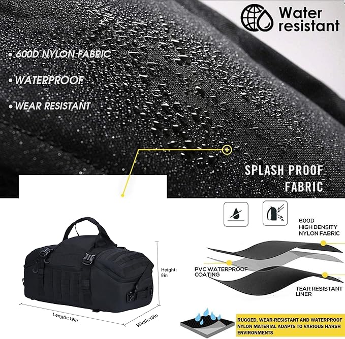 Gym Bag Duffle Bags Backpack Travel Duffle Bag with Weekend Overnight Bag for Outdoor Tactical Sports Travel Camping Hunting (Black, 40L)