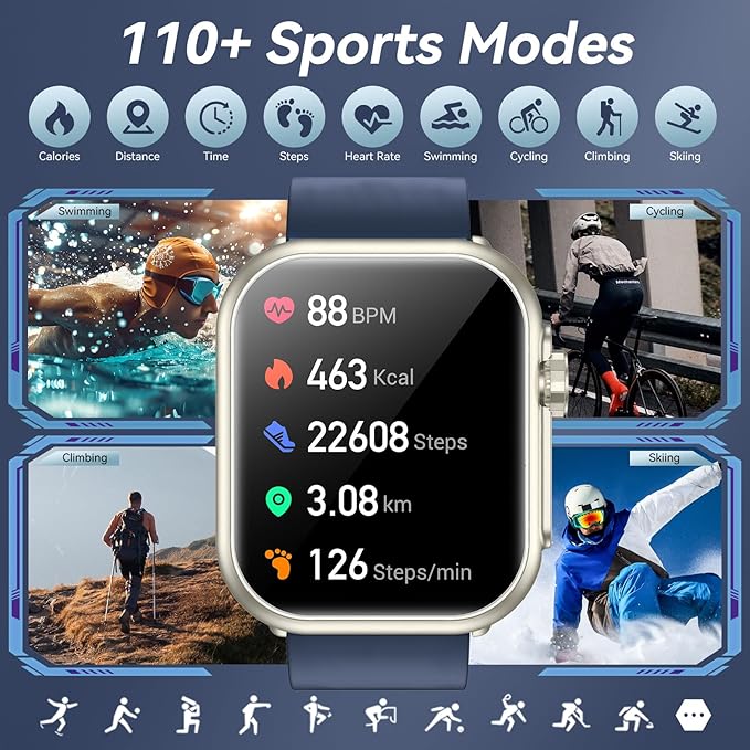 Smart Watch for Men Women, 1000mAh Battery 100-Day Standby Time, 1.85" HD Screen Fitness Tracker, 110+ Sport Modes, IP68 Waterproof, Heart Rate/Sleep Monitor, Fitness Watch for Android/iPhone(Blue)