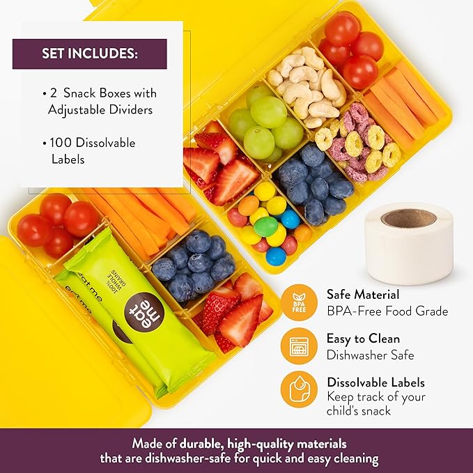 Snack Box Containers Set of 2-Reusable,100 Dissolvable Labels, 8 Adjustable Compartments, Dishwasher Safe, BPA-Free, Meal Prep Container, PARENT TESTED PARENT APPROVED AWARD (2 Pack) (Yellow)