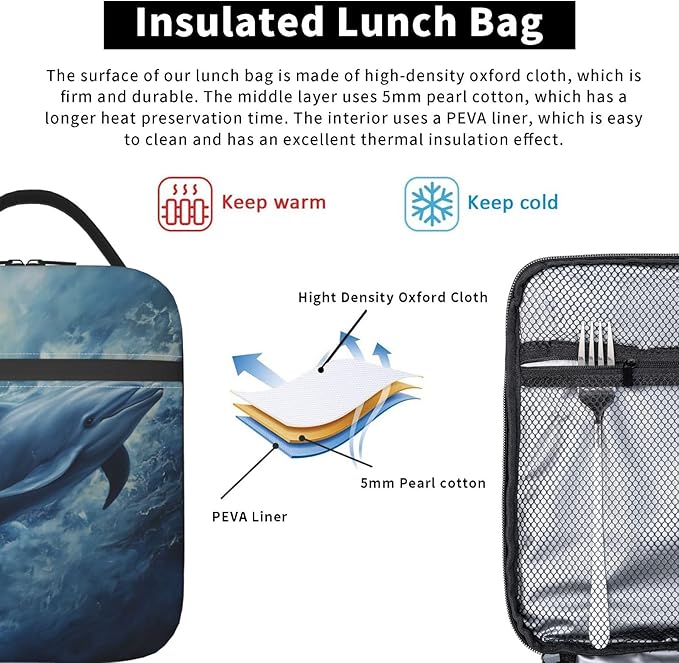 Dolphin Lunch Box for Women Men, Insulated Lunch Box Reusable Portable Lunch Bag Cooler Tote Waterproof Lunch Container for Office Picnic Work Travel
