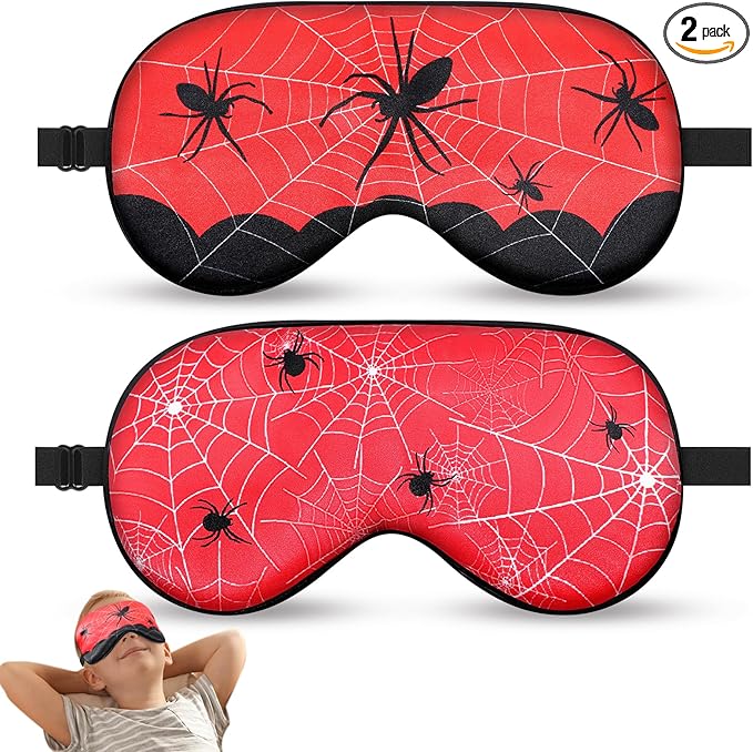 2 Pcs Sleep Mask for Kids Boys, Silk Eye Covers for Sleeping, Adjustable Strap & Light Blocking Design, Adult Children's Bedtime Blindfold for Travel and Home Use (Spider)