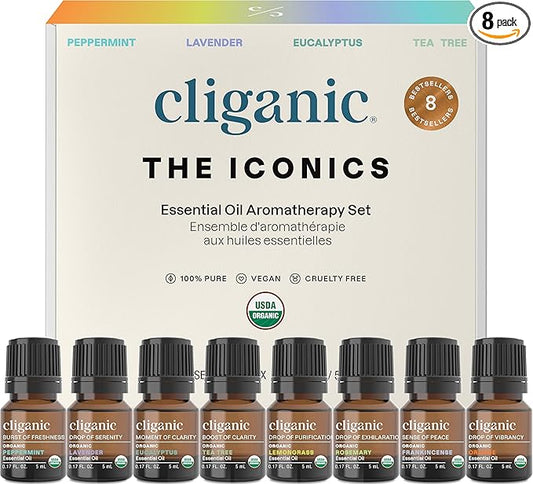 Cliganic Organic Aromatherapy Essential Oils Gift Set (Top 8 - The Iconics), 100% Pure - Peppermint, Lavender, Eucalyptus, Tea Tree, Lemongrass, Rosemary, Frankincense & Orange