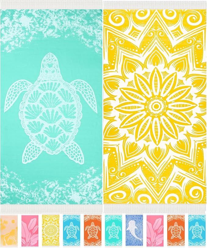 2 Pack Turkish Beach Towel Quick Dry Absorbent Lightweight Thin Bathroom Bath Pool Swim Towels Extra Large Oversized Sand Free Towel Beach Accessories Essentials Stuff Adults Gift Yellow Teal