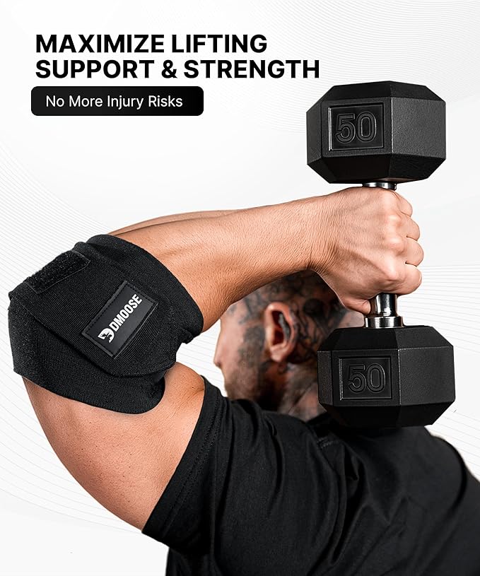 DMoose Fitness Elbow Wraps for Weightlifting (Pair) 40" Adjustable Brace for Joint Support, Pain Relief & Tendonitis - Elbow Straps for Weight Lifting, Bench Press & Gym Workouts, Band for Men & Women