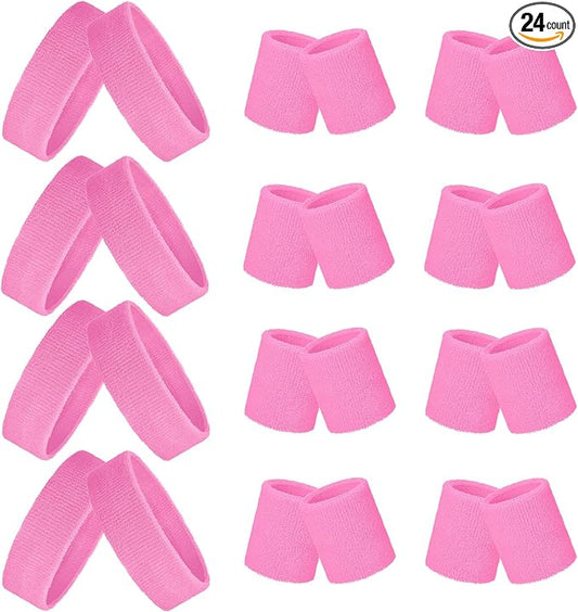 24 Pieces 80s Neon Sweatbands Set, Include 8 Sports Headbands and 16 Sweat Wristbands Elastic Athletic Tennis Sweat Bands Bulk for Man Woman