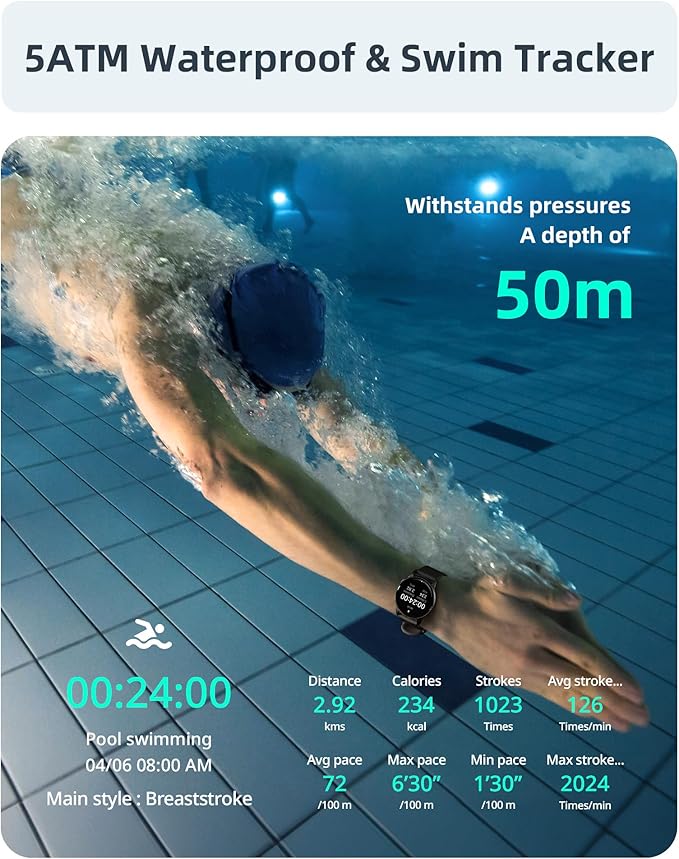 Parsonver Smart Watch, 5ATM Waterproof Swimming Watch, Smartwatch for Men Women with Bluetooth Calls, Fitness Tracker Heart Rate Sleep Monitor, Pedometer, 100+ Sports Modes for Android & iPhone, Black