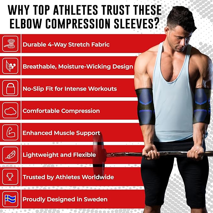 Nordic Lifting Elbow Compression Sleeves (1 Pair) for Men & Women - Support for Pain Relief, Tendonitis, Golfer’s & Tennis Elbow - Weightlifting Brace for Workout, Arm & Joint Recovery
