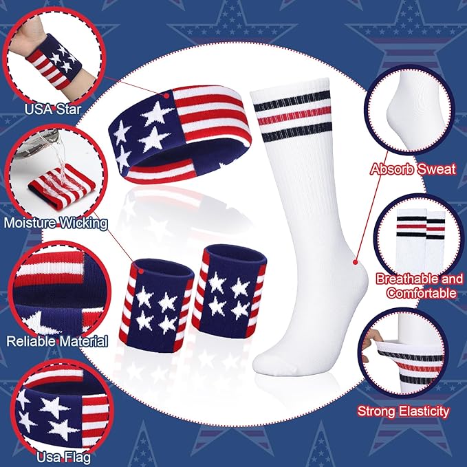 Skylety 5 Pcs Striped Sweatband Sock Set Wrist Sweatband Headband High Striped Headband for Men Women Sports 80s Party(White, Navy Blue and Red)