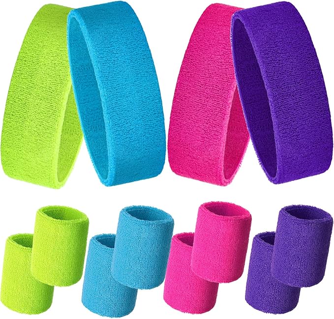 12 Pcs Sweatbands Set Neon Colors Headbands and Wristbands for Men Women Moisture Wicking Sweat Absorbing Workout Cotton Headbands 80s 90s Party