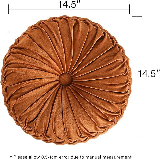 HIG Set of 2 Decorative Round Pleated Throw Pillows, Classy Accent Pumpkin Throw Pillows with Center Button, Vintage Velvet Floor Pillows for Sofa Vanity Chair Bed, Rust, 14.5" Diameter(Ripple)