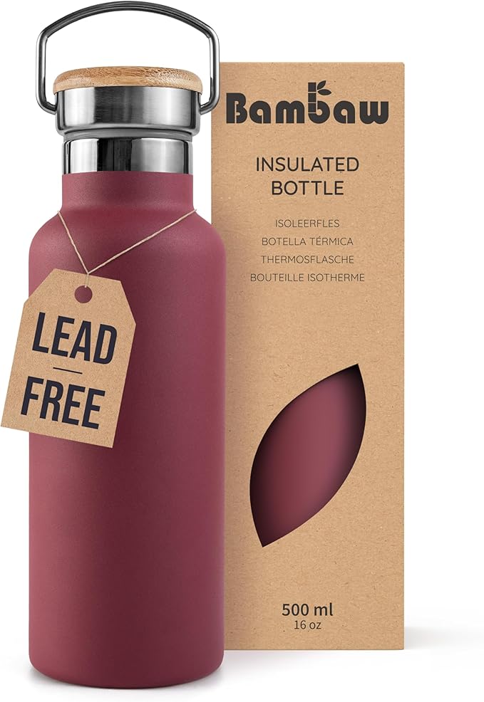 Bambaw Insulated Water Bottle 500ml, Red Water Bottle, Stainless Steel Water Bottle, Leakproof Water Bottle, Stainless Water Bottle, Water Bottle, Metal Flask, Steel Bottle – Red Berry
