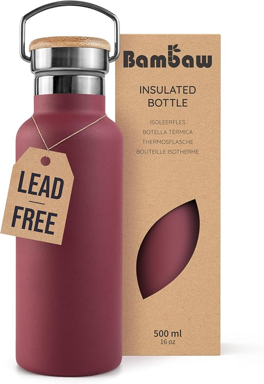 Bambaw Insulated Water Bottle 500ml, Red Water Bottle, Stainless Steel Water Bottle, Leakproof Water Bottle, Stainless Water Bottle, Water Bottle, Metal Flask, Steel Bottle – Red Berry