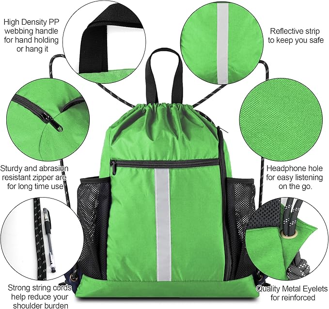 BeeGreen Bright Green Drawstring Backpack Bag Sports Gym Backpack with Shoe Compartment and Two Water Bottle Holder for Men Women Large Athletic Cinch Sackpack Workbag
