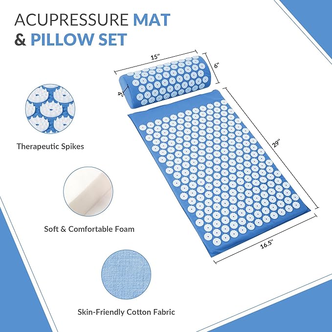 Fitvids Acupressure Mat and Pillow Set for Back/Neck Pain, Acupuncture Products to Relieve Muscle Fatigue, Improve Insomnia for Sedentary People, Acupuncture Eases Stress, Massage Mat, Blue