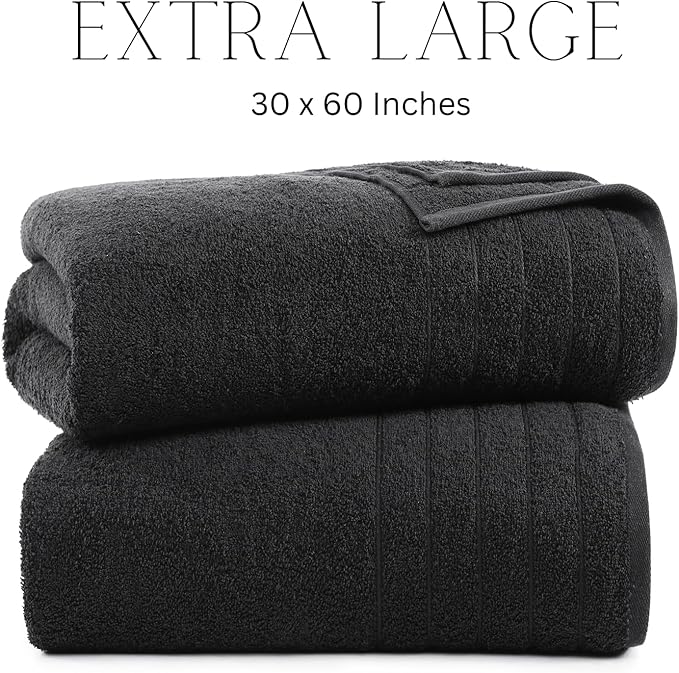 Casa Platino 100% Cotton Bath Towels 2 Pack (30"x60") - Ring Spun Mercerized Cotton Large Towel Set for Bathroom - Quick Dry, Soft & Absorbent Large Bath Towel Set - Oeko Tex Certified - Black Towels