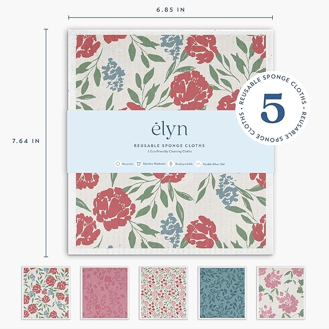 ELYN Swedish Dishcloths, Reusable & Washable Sponge Cloths, Absorbent Cleaning Paper Towels for Kitchen, Dishes, Counters and More, 5 Pack, Assorted Soft Botanical Patterns