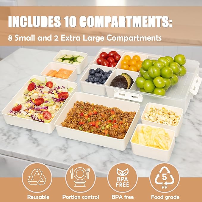 Snackle Box Container - 10 Compartments Including 2 XL, Dishwasher & Microwave Safe, Divided Serving Tray with Lid and Handle, BPA-Free, snack box (1 PCS, White, 1 Box with 2 XL Compartments)