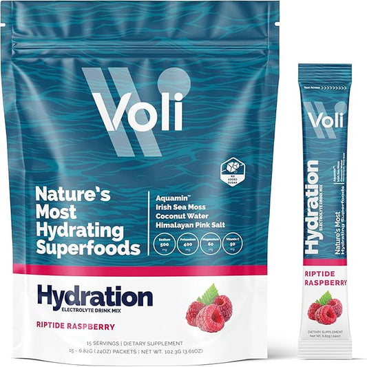 Voli Electrolytes Powder Packets | No Added Sugar Electrolyte Drink Mix for Hydration | Keto & Fasting Friendly, Natural Superfoods & Minerals | Raspberry 15-Count