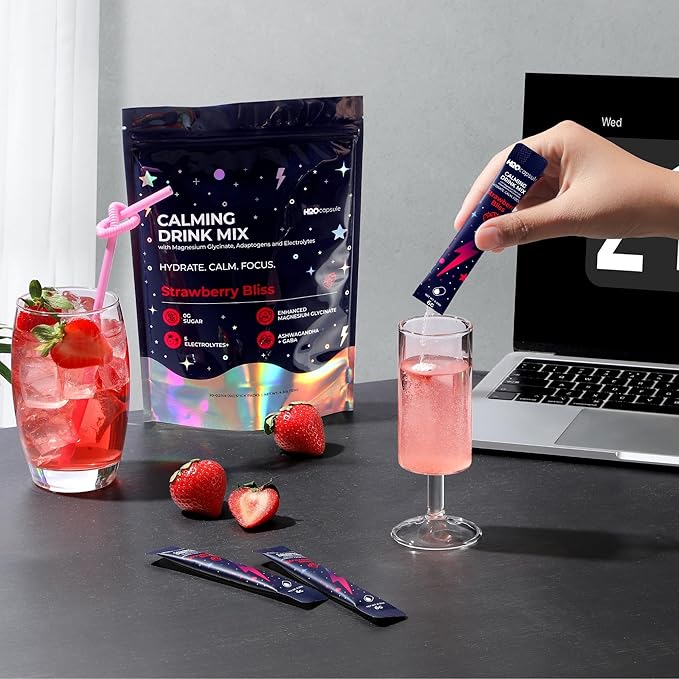 Calm Magnesium Glycinate Drink Mix with Electrolytes – Sugar Free Powder with Ashwagandha, L-Theanine, Vitamin B & GABA – Cortisol Support, Stress Relief, Hydration & Focus - 20 servings (Strawberry)