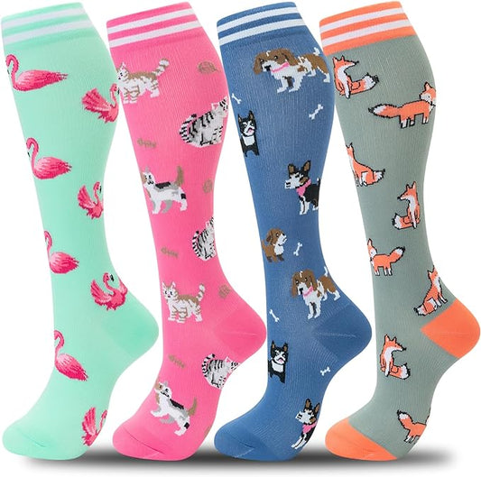 fenglaoda Compression Socks Women Men 4 Pairs, Knee High Support Socks for Running, Sports, Travel, Flight, Nurse