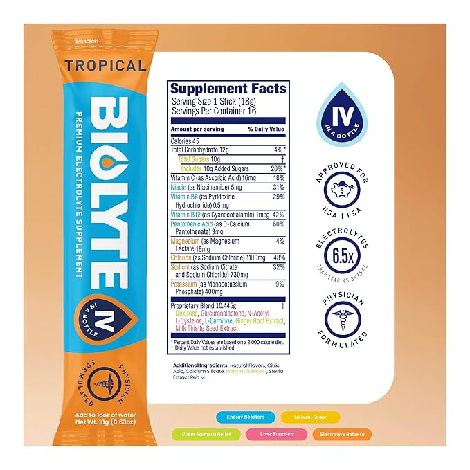 BIOLYTE IV Electrolyte Powder Packets, IV Liquid Drink Mix for Water, Doctor-Developed Hydration, HSA & FSA Approved Dehydration Relief, Chemotherapy Must Haves for Women & Men - Tropical (16 Sticks)