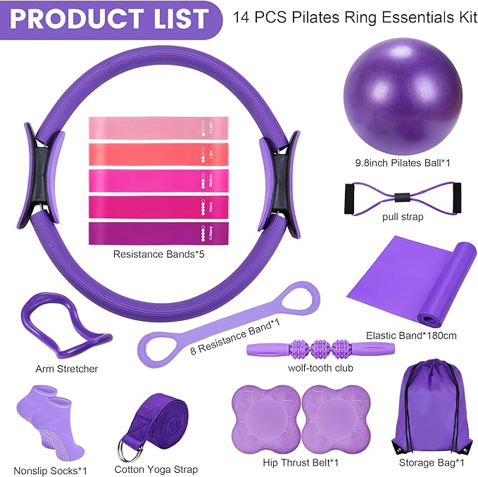 Pilates Ring Circle Fitness Set 17 pcs Equipment Accessories Workouts Includes Pilates Ball Magic Circle Yoga Ring Knee Pads and Resistance Bands for Women Set Gift for Women Weight Loss