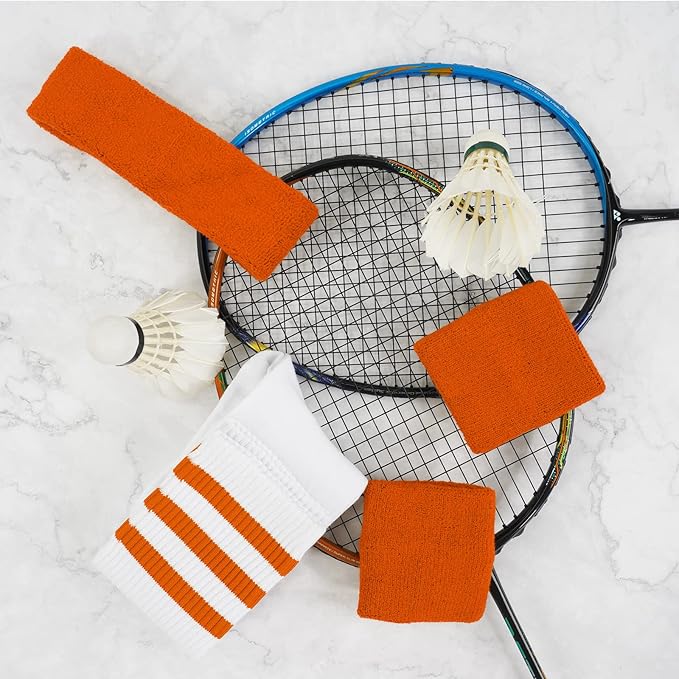 ONUPGO 5 Pieces Sweatbands Striped Socks Set Sports Headband Wristbands High Tube Socks 80s Accessories Costumes