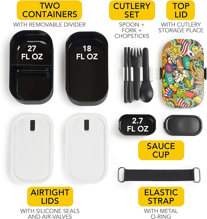 Insulated Stackable Bento Box for Adults with Reusable Chopsticks Japanese Lunch Box Microwavable & Leak Proof Lunch Containers for Men & Women Modern Cute Food Container with Compartments (Black)