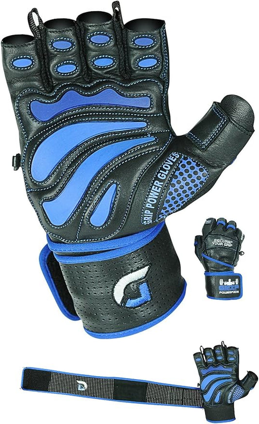 Elite Leather Gym Gloves with Built in 2" Wide Wrist Wraps Grip & Design for Weightlifting Power Lifting Bodybuilding & Strength Training Workout Exercises