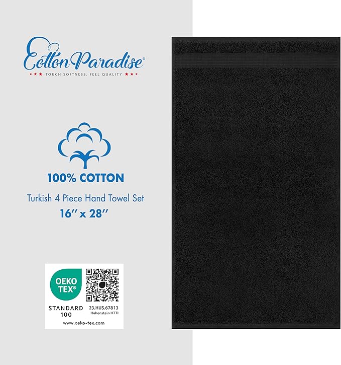 Cotton Paradise Hand Towels for Bathroom, 100% Cotton Turkish 4 Piece Hand Towel Set, Soft Absorbent Face Towels, Black Hand Towels
