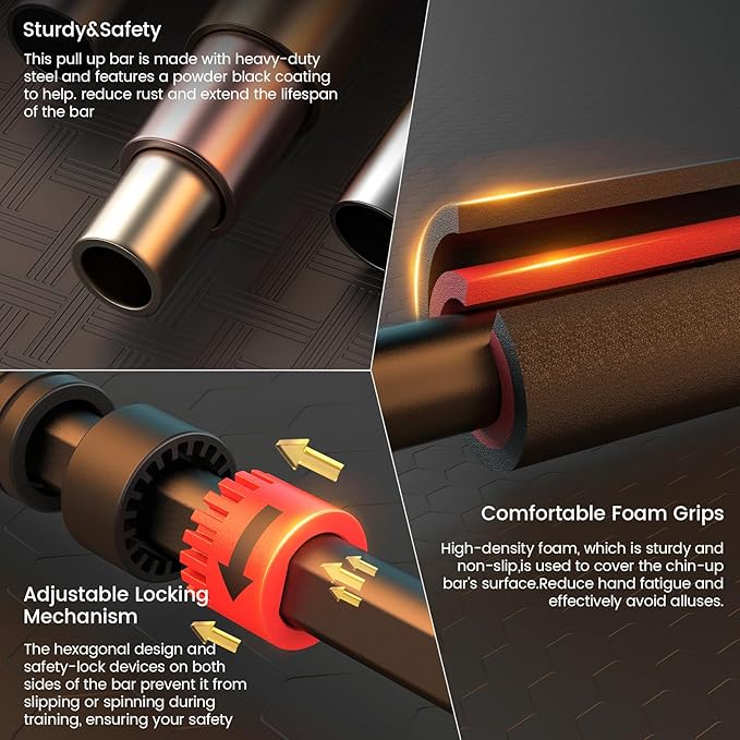 Pull Up Bar for Doorway, Adjustable Door Frame Pull Up and Chin Up Bar, Total Upper Body Workout Bar for Home Gym Workouts