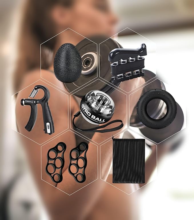 Hand Grip Strengthener Workout Kit (8 Pack) Forearm Grip Adjustable Resistance Hand Gripper, Finger Stretcher, Finger Exerciser, Grip Ring，Gyro Ball (black)