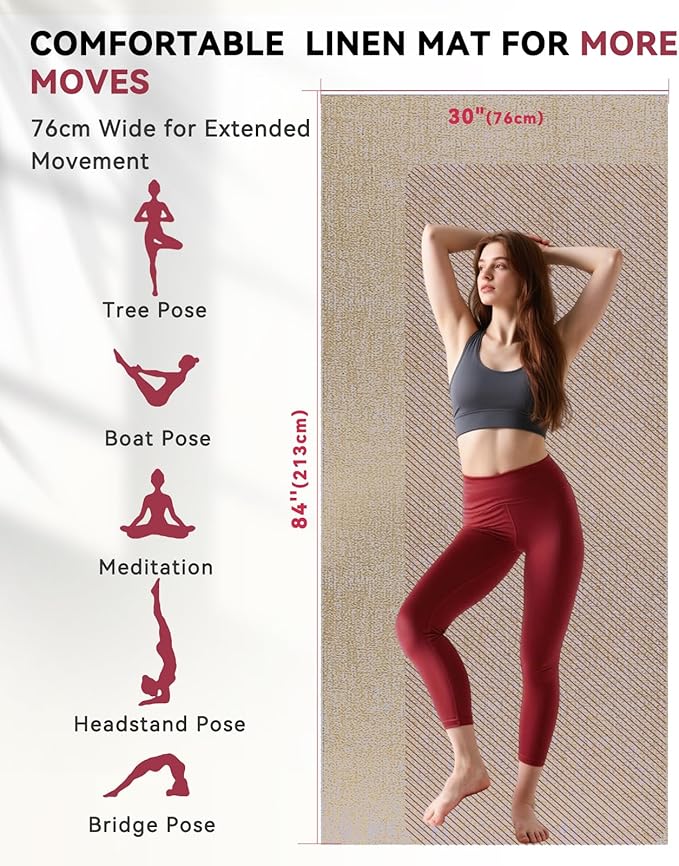 HAPBEAR Extra Large Yoga Mat (84''x30'') - 1/4'' Thick Durable Natural Linen, Non-Slip & Tear-Resistant - Perfect for Home Yoga Workouts, Meditation, Pilates, Floor Exercises & Fitness - Free Carrying Bag Included