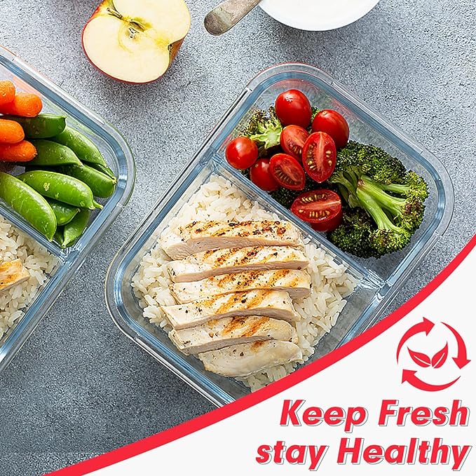 VERONES 10 Pack Meal Prep Containers - 2 Compartment Set, 36OZ Airtight Glass Lunch Containers, Microwave, Oven, Freezer & Dishwasher Safe, Red