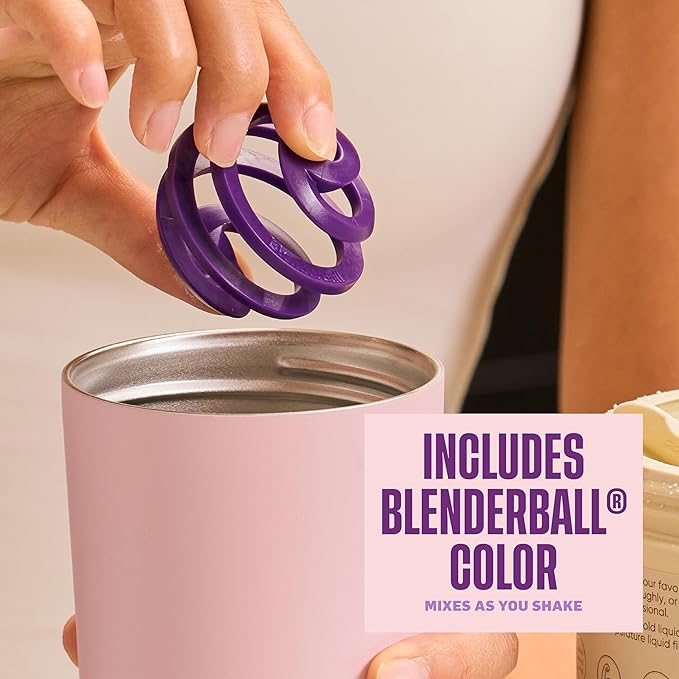 BlenderBottle 2-in-1 Insulated Stainless Steel Shaker Tumbler, Swig Leakproof Lid, Straw, BlenderBall, BPA Free, For Protein Shakes, Smoothies, And Pre Workout, 24 oz, Purple/Pink (Velvet Blush)