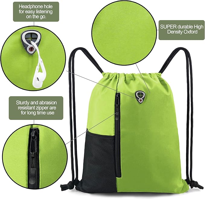 BeeGreen Lime Drawstring Backpack Gym Bag For Men & Women – Sports Sackpack with Mesh Water Bottle Holder & 2 Zippered Pockets – Large 16x20 Inch Cinch String Backpack Workout Bag for Running, Travel