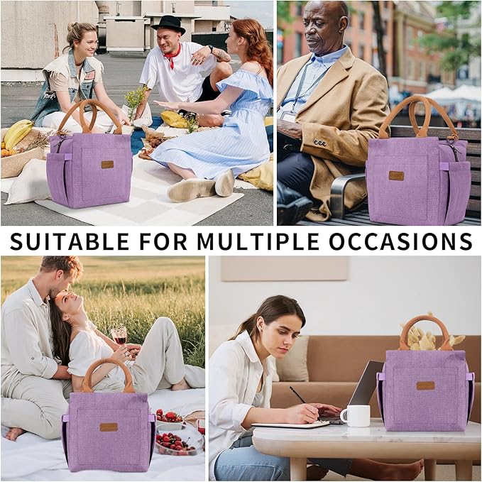 Joymee Lunch Bag Women Insulated Lunch Box with Adjustable Shoulder Strap Large Reusable Leakproof Spacious Cooler Tote for Women Men Adult with Bottle Holder and Side Pockets - Purple