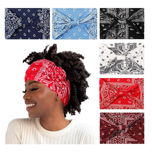 Artilady Wide Bandana Headbands for Women-Boho Bandeau Head Band Bohemian Paisley Red Headwrap Soft Athletic Elastic Sweat Non Slip Hair Bands for Curly Hair Accessories 6 PCS