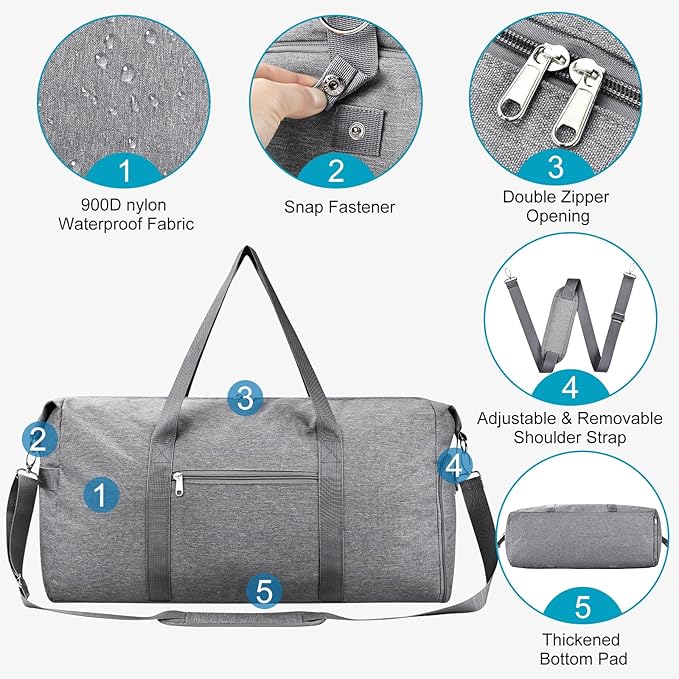 For Spirit Airlines Personal Item Bag 18x14x8, Foldable Small Travel Duffel Bags Gym Duffle Weekender Overnight Carry on Luggage Bag with Wet Pocket & Shoe Compartment for Women Men(Grey, 30L)