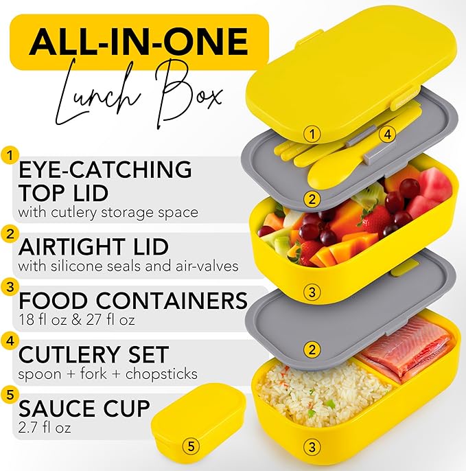 Insulated Stackable Bento Box for Adults with Reusable Chopsticks Japanese Lunch Box Microwavable & Leak Proof Lunch Containers for Men & Women Modern Cute Food Container with Compartments (Yellow)