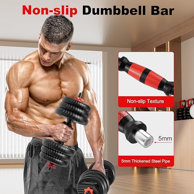 Adjustable Dumbbell Set, 10/20/30/45/70/90lbs Free Weight Set with Connector, 4 in1 Dumbbells Set Used as Barbell, Kettlebells, Push up Stand, Fitness Exercises for Home Gym Suitable Men/Women